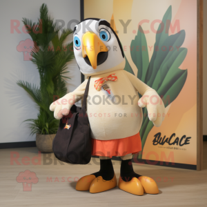 Cream Toucan mascot costume character dressed with a Playsuit and Tote bags