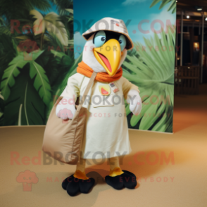 Cream Toucan mascot costume character dressed with a Playsuit and Tote bags