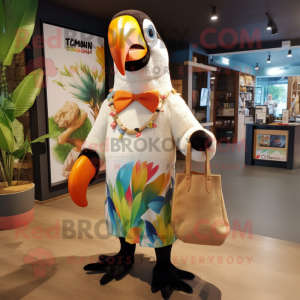 Cream Toucan mascot costume character dressed with a Playsuit and Tote bags