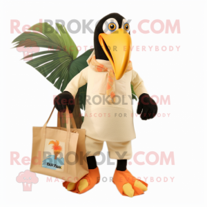 Cream Toucan mascot costume character dressed with a Playsuit and Tote bags