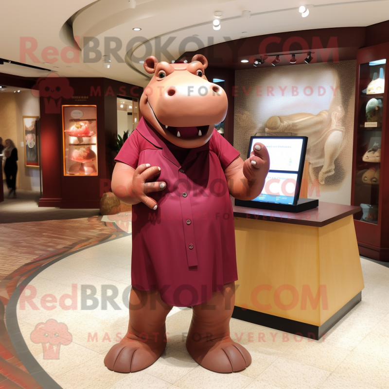 Maroon Hippopotamus mascot costume character dressed with a Sheath Dress and Earrings