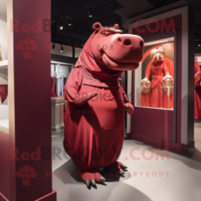 Maroon Hippopotamus mascot costume character dressed with a Sheath Dress and Earrings