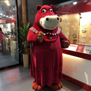 Maroon Hippopotamus mascot costume character dressed with a Sheath Dress and Earrings