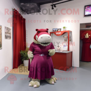 Maroon Hippopotamus mascot costume character dressed with a Sheath Dress and Earrings