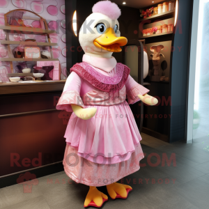 Pink Muscovy Duck mascot costume character dressed with a Wrap Skirt and Wraps