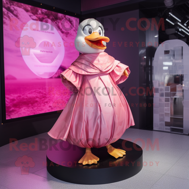 Pink Muscovy Duck mascot costume character dressed with a Wrap Skirt and Wraps Pink Muscovy Duck mascot costume character dressed with a Wrap Skirt and Wraps