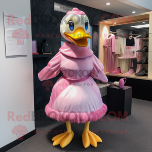 Pink Muscovy Duck mascot costume character dressed with a Wrap Skirt and Wraps