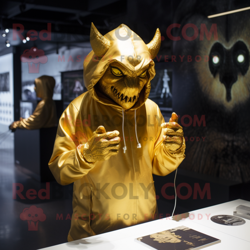 Gold Gargoyle mascot costume character dressed with a Hoodie and Caps