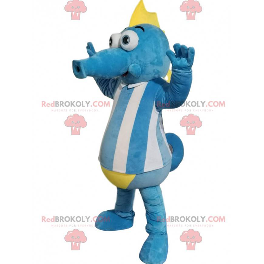 Blue and white hyppocampus mascot with a yellow crest -