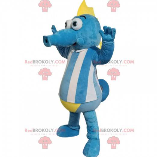 Blue and white hyppocampus mascot with a yellow crest -