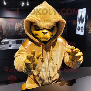 Gold Gargoyle mascot costume character dressed with a Hoodie and Caps