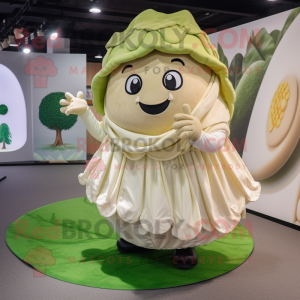 Beige Cabbage mascot costume character dressed with a Circle Skirt and Beanies
