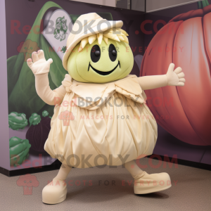 Beige Cabbage mascot costume character dressed with a Circle Skirt and Beanies