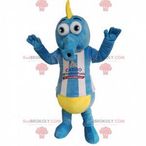 Blue and white hyppocampus mascot with a yellow crest -