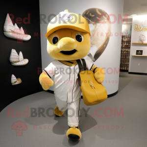 Gold Pendant mascot costume character dressed with a Baseball Tee and Tote bags