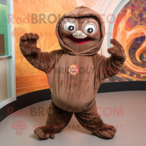 Brown Contortionist mascot costume character dressed with a Sweatshirt and Shawl pins