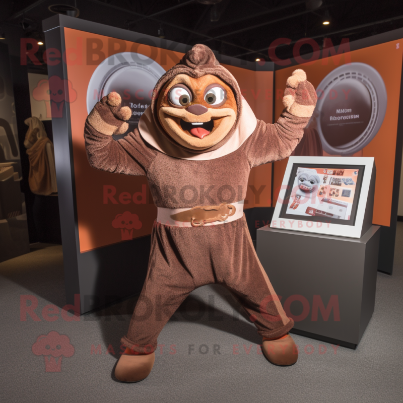 Brown Contortionist mascot costume character dressed with a Sweatshirt and Shawl pins