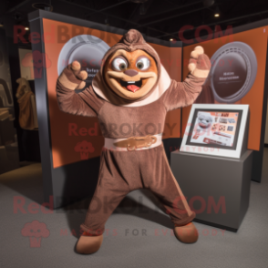 Brown Contortionist mascot costume character dressed with a Sweatshirt and Shawl pins