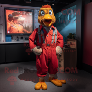 Red Gosling mascot costume character dressed with a Dungarees and Bracelets