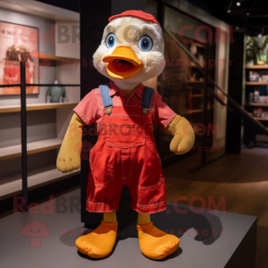 Red Gosling mascot costume character dressed with a Dungarees and Bracelets