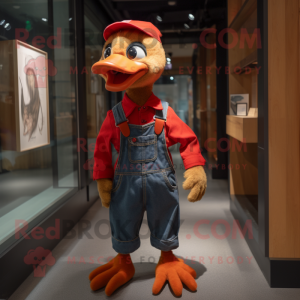 Red Gosling mascot costume character dressed with a Dungarees and Bracelets