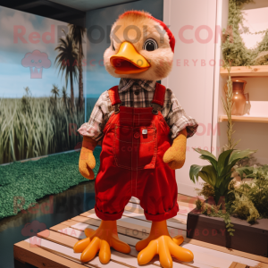 Red Gosling mascot costume character dressed with a Dungarees and Bracelets