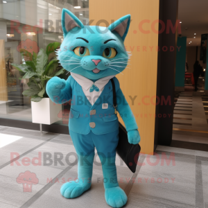 Turquoise Cat mascot costume character dressed with a Coat and Clutch bags