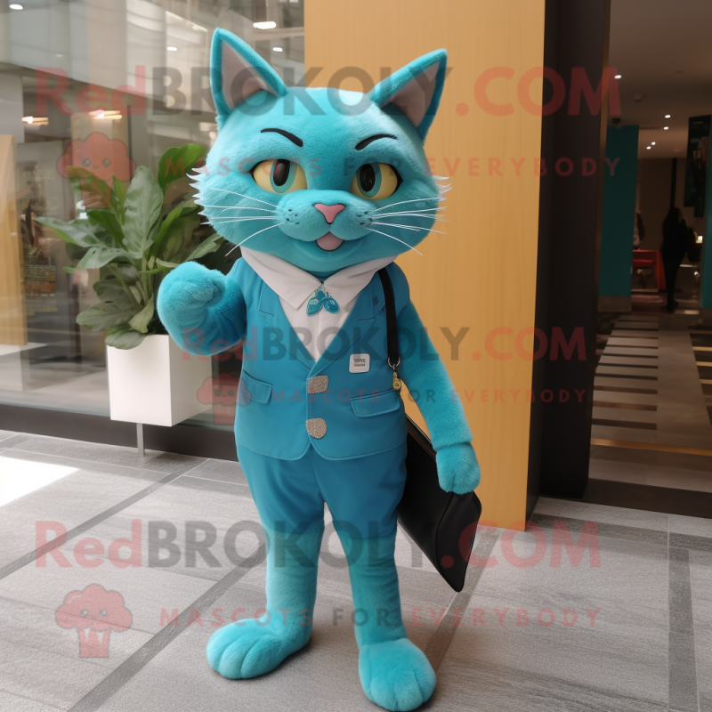 Personaggio del costume della mascotte del gatto turchese vestito con un cappotto e pochette