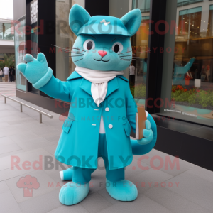 Turquoise Cat mascot costume character dressed with a Coat and Clutch bags