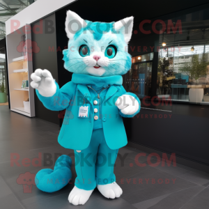 Turquoise Cat mascot costume character dressed with a Coat and Clutch bags