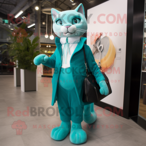 Turquoise Cat mascot costume character dressed with a Coat and Clutch bags