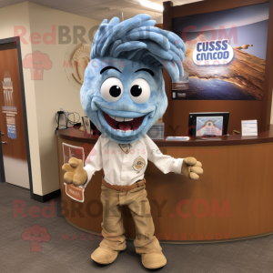 Rust Clam Chowder mascot costume character dressed with a Chambray Shirt and Hair clips