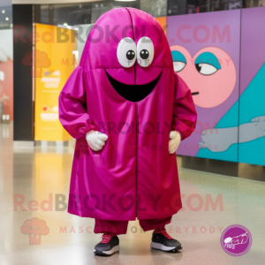 Magenta Basketball Ball mascot costume character dressed with a Raincoat and Shoe clips