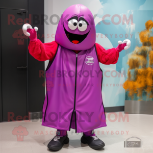 Magenta Basketball Ball mascot costume character dressed with a Raincoat and Shoe clips