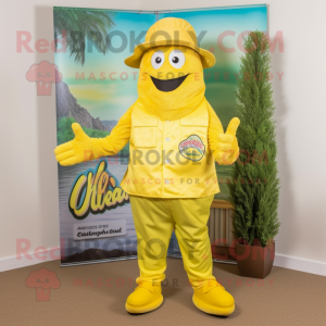 Lemon Yellow Jambalaya mascot costume character dressed with a Cargo Pants and Hat pins