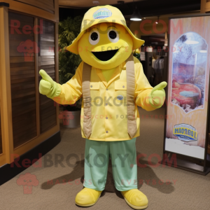 Lemon Yellow Jambalaya mascot costume character dressed with a Cargo Pants and Hat pins