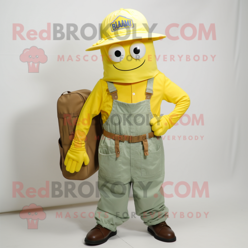 Lemon Yellow Jambalaya mascot costume character dressed with a Cargo Pants and Hat pins