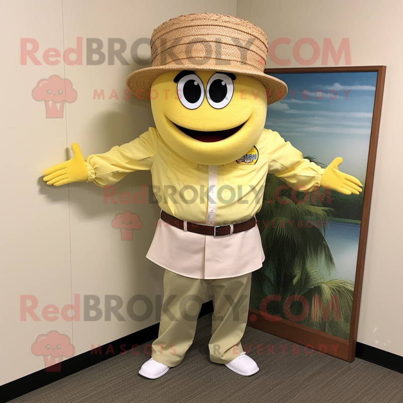 Lemon Yellow Jambalaya mascot costume character dressed with a Cargo Pants and Hat pins