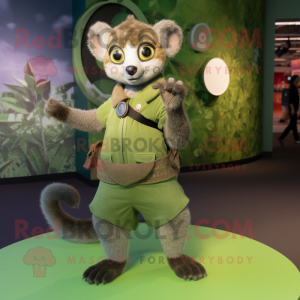 Olive Lemur mascot costume character dressed with a Circle Skirt and Belts