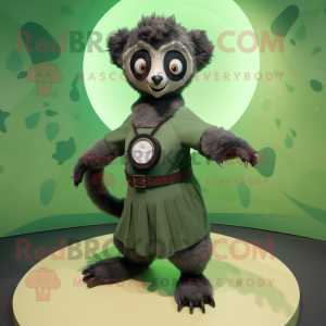 Olive Lemur mascot costume character dressed with a Circle Skirt and Belts