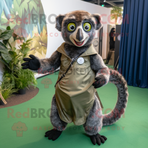 Olive Lemur mascot costume character dressed with a Circle Skirt and Belts