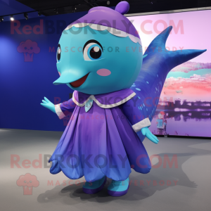 Purple Blue Whale mascot costume character dressed with a Mini Skirt and Bracelet watches