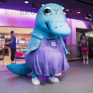 Purple Blue Whale mascot costume character dressed with a Mini Skirt and Bracelet watches