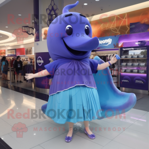Purple Blue Whale mascot costume character dressed with a Mini Skirt and Bracelet watches