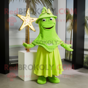 Lime Green Starfish mascot costume character dressed with a Wrap Dress and Bracelet watches