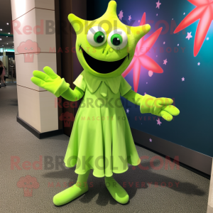 Lime Green Starfish mascot costume character dressed with a Wrap Dress and Bracelet watches