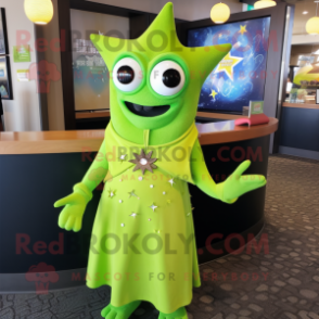 Lime Green Starfish mascot costume character dressed with a Wrap Dress and Bracelet watches