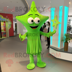 Lime Green Starfish mascot costume character dressed with a Wrap Dress and Bracelet watches