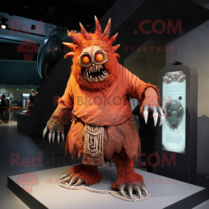 Rust Demon mascot costume character dressed with a Coat and Hairpins