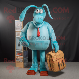 Cyan Lobster mascot costume character dressed with a Corduroy Pants and Coin purses